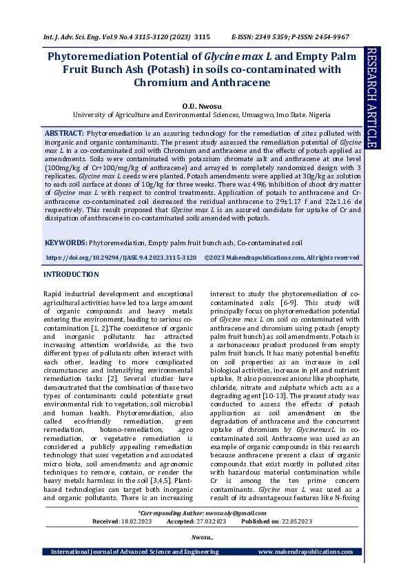 Phytoremediation Potential of Glycine max L and Empty Palm Fruit Bunch ...