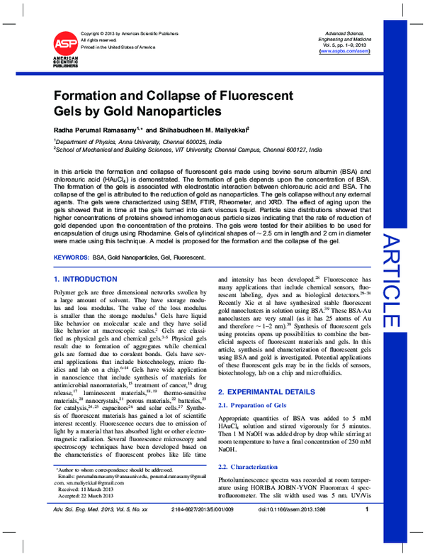(PDF) Formation and Collapse of Fluorescent Gels by Gold Nanoparticles