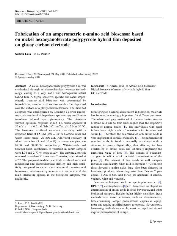 (PDF) Fabrication of an amperometric d-amino acid biosensor based on ...