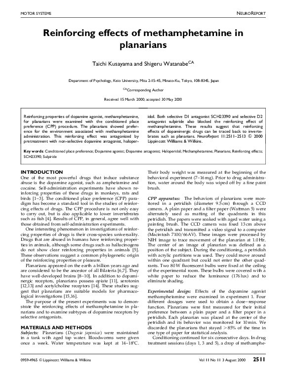 (PDF) Reinforcing effects of methamphetamine in planarians