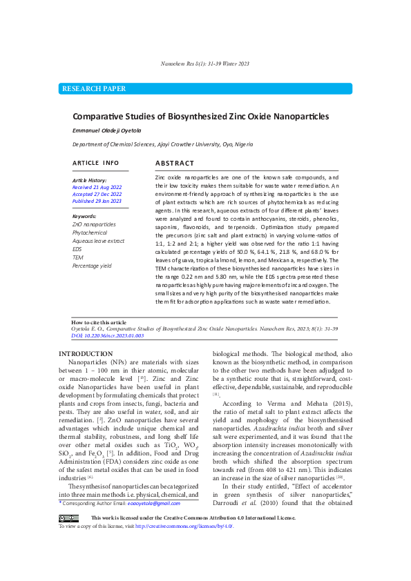 (PDF) Comparative Studies of Biosynthesized Zinc Oxide Nanoparticles