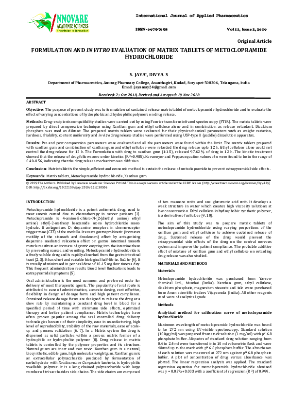 (PDF) FORMULATION AND IN VITRO EVALUATION OF MATRIX TABLETS OF ...