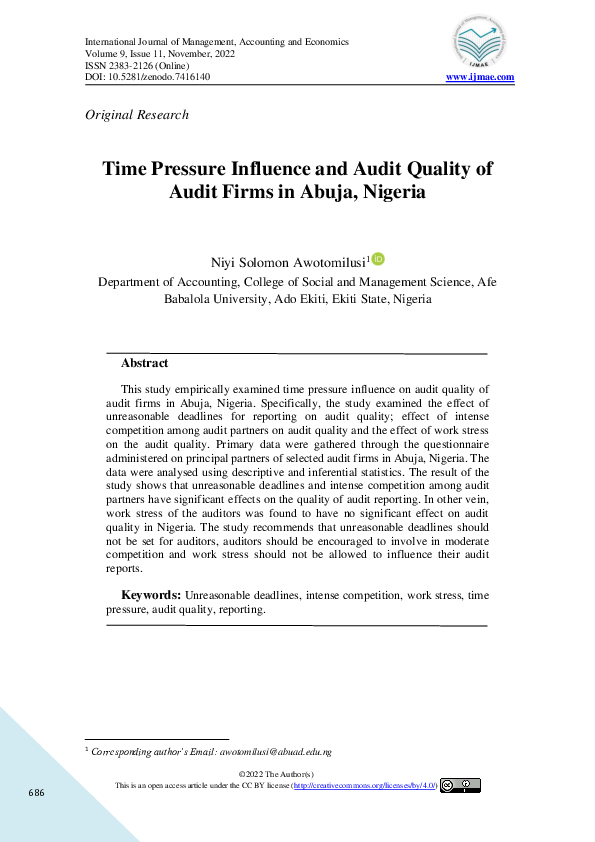 (PDF) Time Pressure Influence and Audit Quality of Audit Firms in Abuja