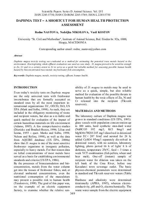 (PDF) Daphnia Test - a Shortcut for Human Health Protection Assessment