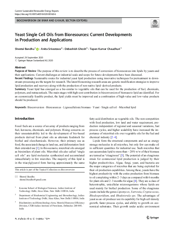 (PDF) Yeast Single Cell Oils from Bioresources: Current Developments in ...