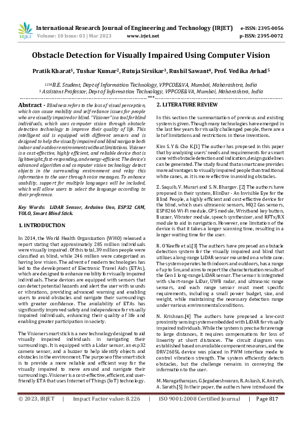 (PDF) Obstacle Detection for Visually Impaired Using Computer Vision