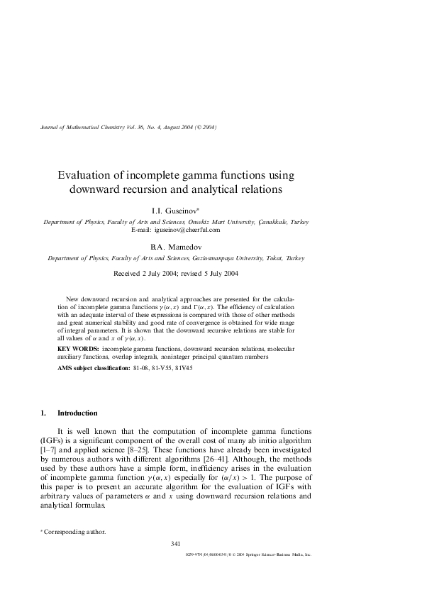 (PDF) Evaluation of Incomplete Gamma Functions Using Downward Recursion ...