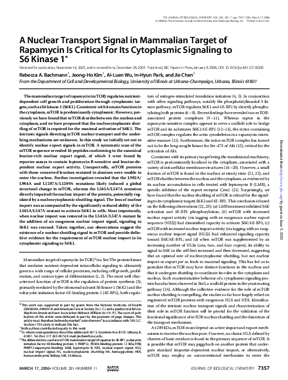 (PDF) A Nuclear Transport Signal in Mammalian Target of Rapamycin Is ...