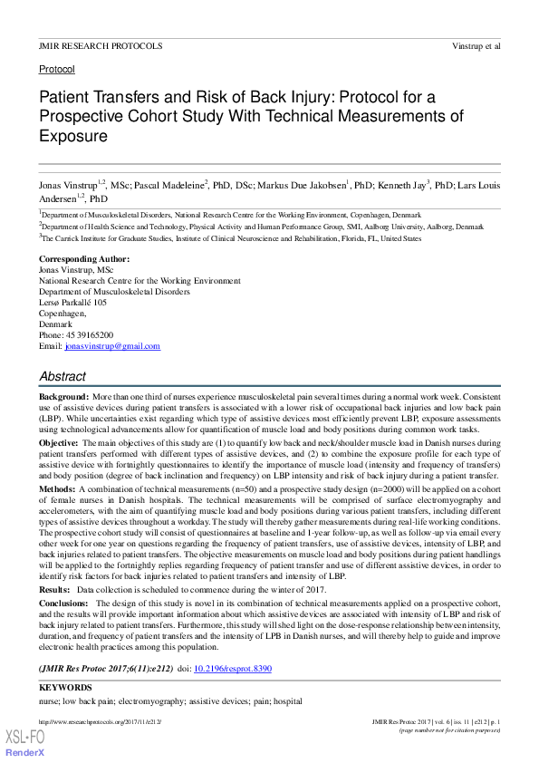 (PDF) Patient Transfers and Risk of Back Injury: Protocol for a ...