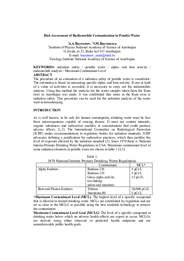 (DOC) Risk Assessment of Radionuclide Contamination in Potable Water