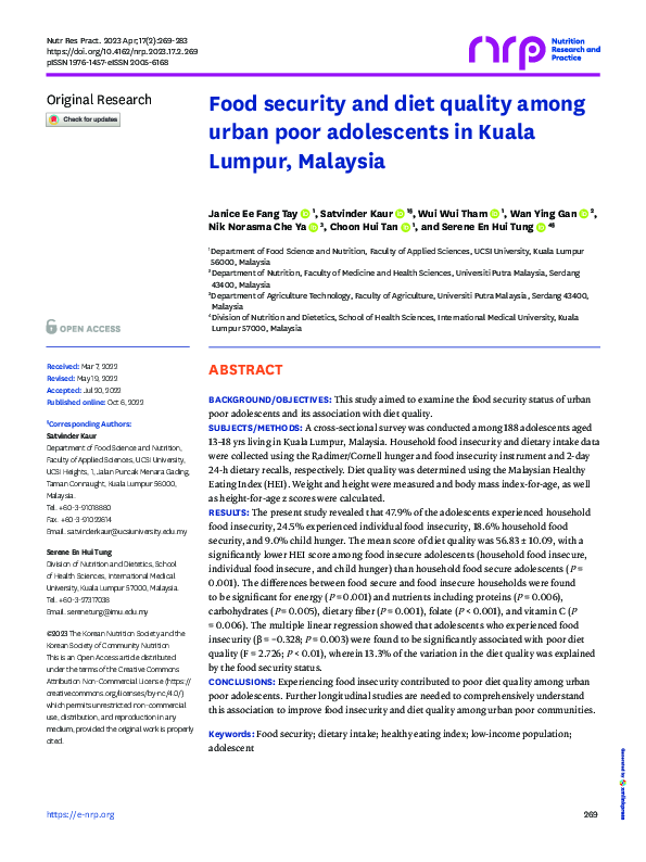 (PDF) Food security and diet quality among urban poor adolescents in ...
