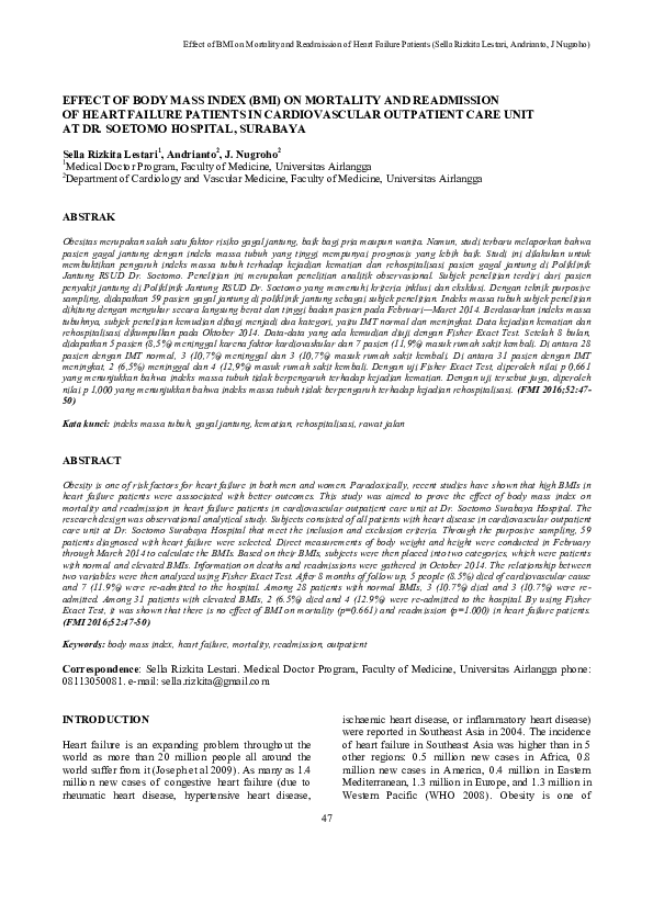 (PDF) Effect of Body Mass Index (Bmi) on Mortality and Readmission of ...