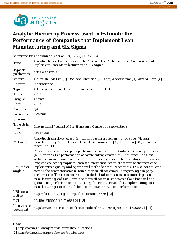 (PDF) Analytic hierarchy process used to estimate the performance of ...
