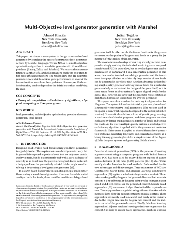 (PDF) Multi-Objective level generator generation with Marahel