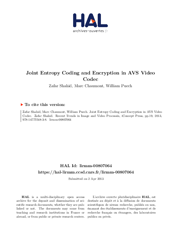 (PDF) Joint Entropy Coding and Encryption in AVS Video Codec