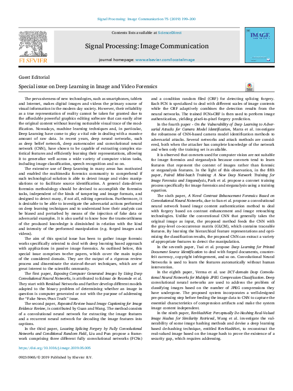 (PDF) Special issue on Deep Learning in Image and Video Forensics