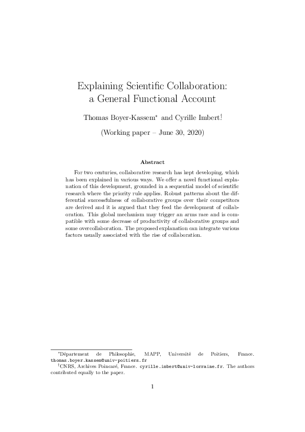 (PDF) Explaining Scientific Collaboration: a General Functional Account