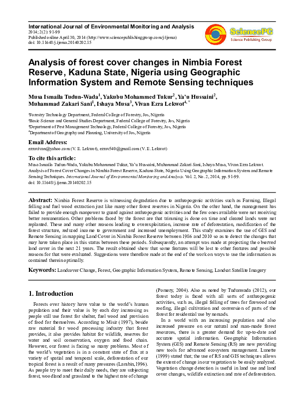 (PDF) Analysis of Forest Cover Changes in Nimbia Forest Reserve, Kaduna ...