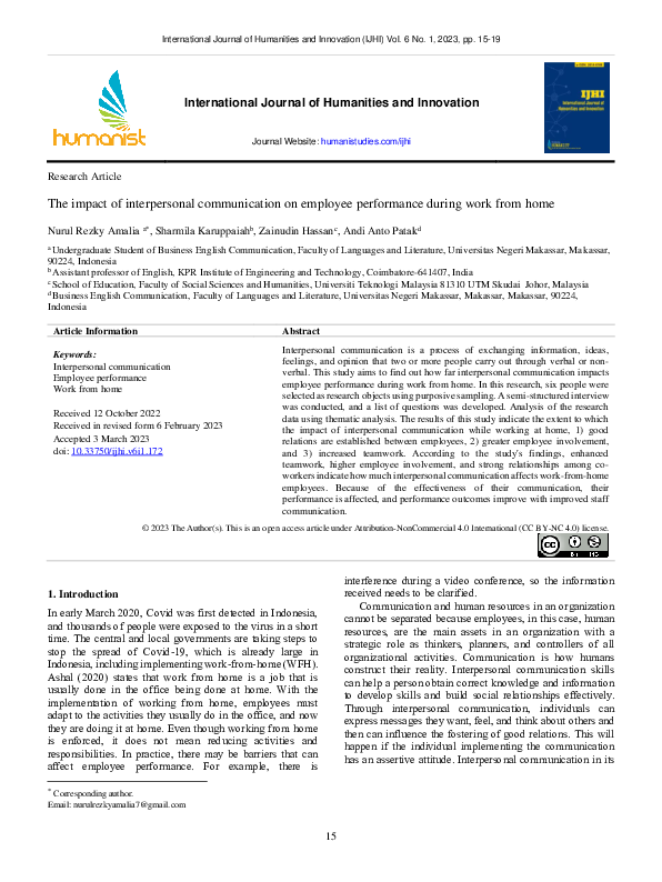 (PDF) The impact of interpersonal communication on employee performance ...