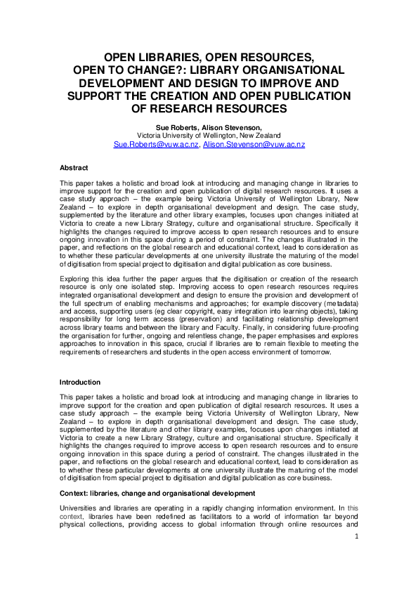 (PDF) Open Libraries, Open Resources, Open to Change?: Library ...