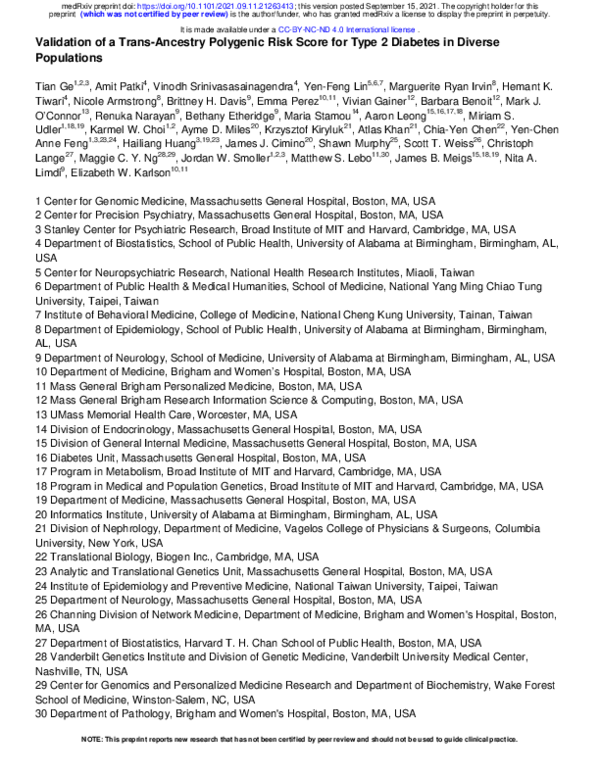 (PDF) Validation of a Trans-Ancestry Polygenic Risk Score for Type 2 ...