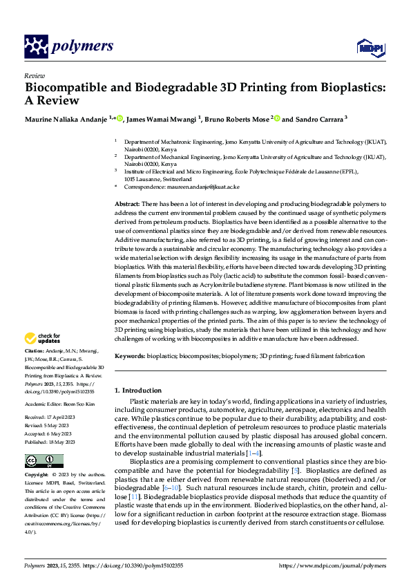 (PDF) Biocompatible and Biodegradable 3D Printing from Bioplastics: A ...