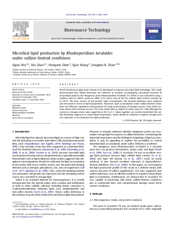 (PDF) Microbial lipid production by Rhodosporidium toruloides under ...