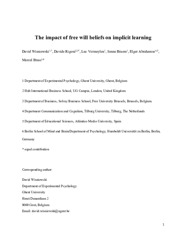 (PDF) The impact of free will beliefs on implicit learning