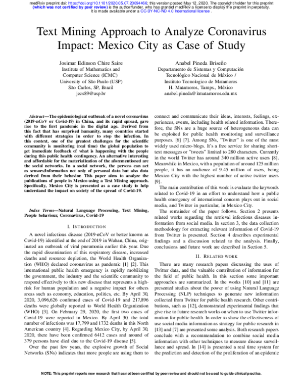 (PDF) Text Mining Approach to Analyze Coronavirus Impact: Mexico City ...