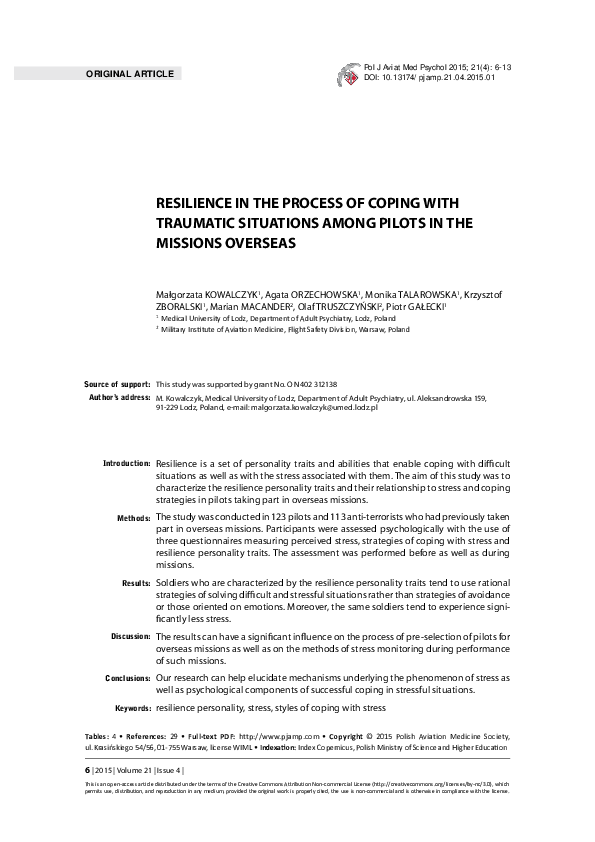 (PDF) Resilience in the Process of Coping with Traumatic Situations ...