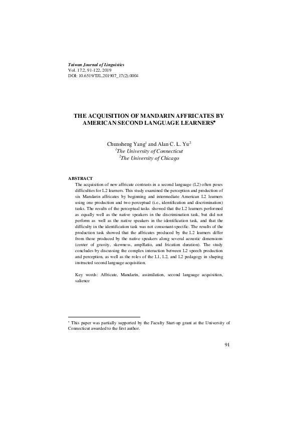 (PDF) The Acquisition of Mandarin Affricates by American Second ...