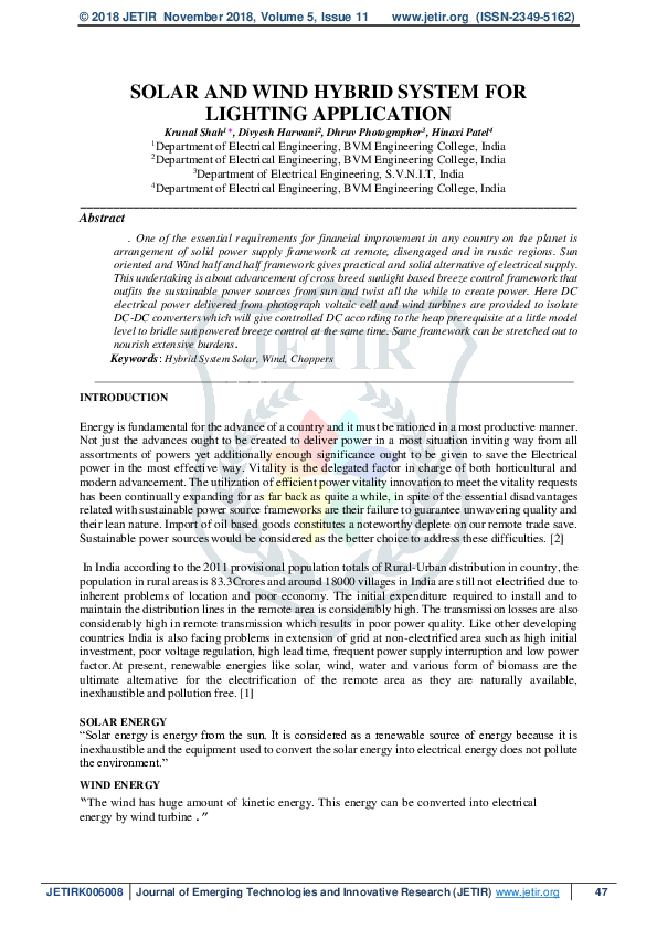 (PDF) Solar and Wind Hybrid System for Lighting Application