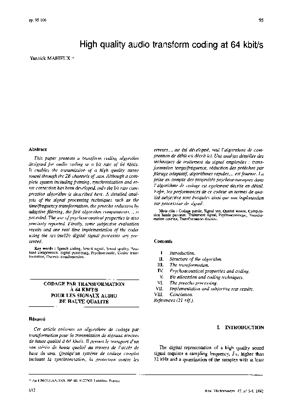 (PDF) High quality audio transform coding at 64 kbit/s