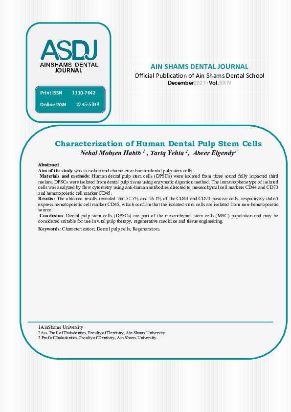 (PDF) Characterization of Human Dental Pulp Stem Cells