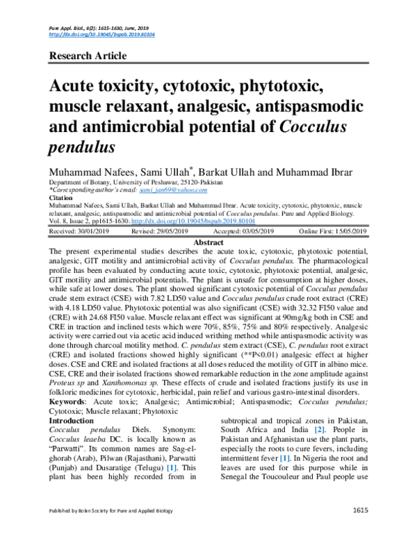 (PDF) Acute toxicity, cytotoxic, phytotoxic, muscle relaxant, analgesic
