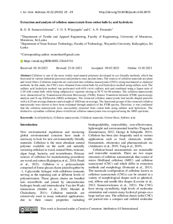 (PDF) Extraction and analysis of cellulose nanocrystals from cotton ...