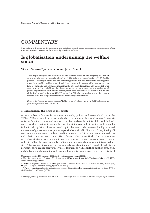 Pdf Is Globalisation Undermining The Welfare State