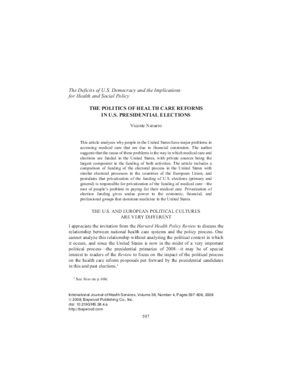 (PDF) The Politics of Health Care Reforms in U.S. Presidential Elections