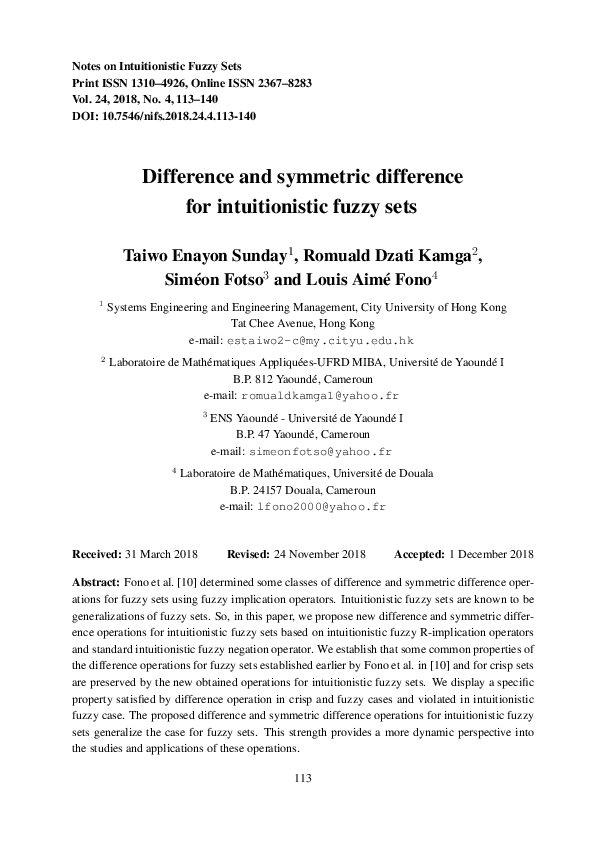 (PDF) Difference and symmetric difference for intuitionistic fuzzy sets