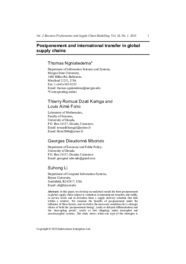 (PDF) Postponement and international transfer in global supply chains