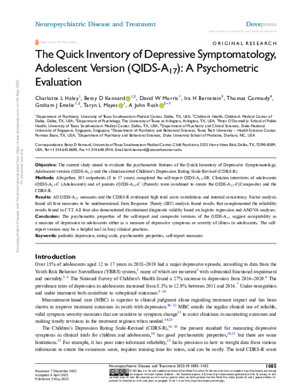(PDF) The Quick Inventory of Depressive Symptomatology, Adolescent ...