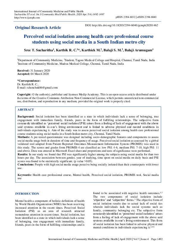 (PDF) Perceived social isolation among health care professional course ...