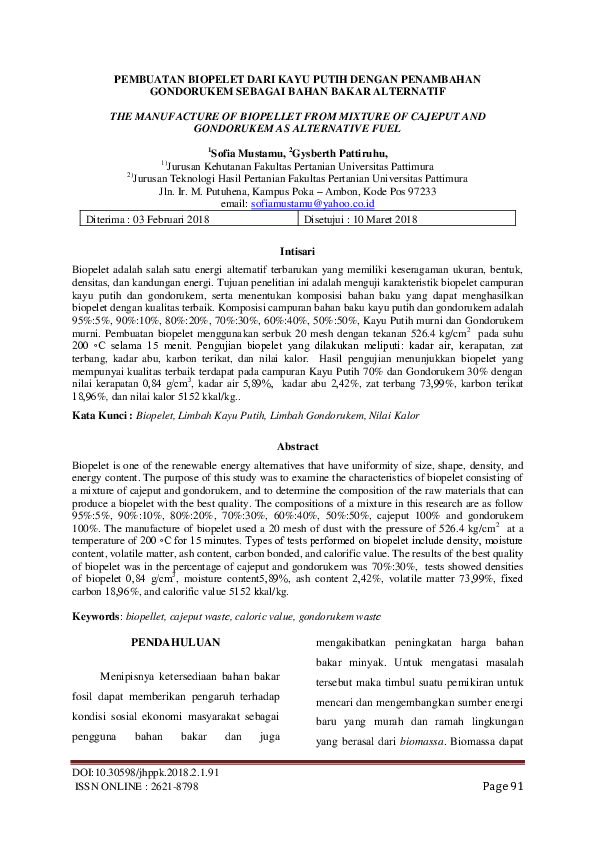 (PDF) Pembuatan Biopelet Dari Kayu Putih Dengan Penambahan Gondorukem ...