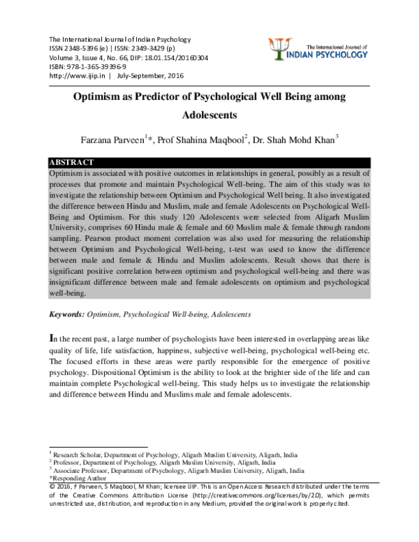 (PDF) Optimism as Predictor of Psychological Well Being among Adolescents