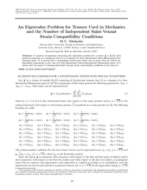 (PDF) An eigenvalue problem for tensors used in mechanics and the ...