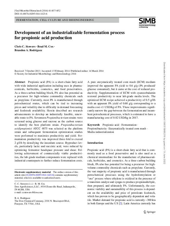 (PDF) Development of an industrializable fermentation process for ...