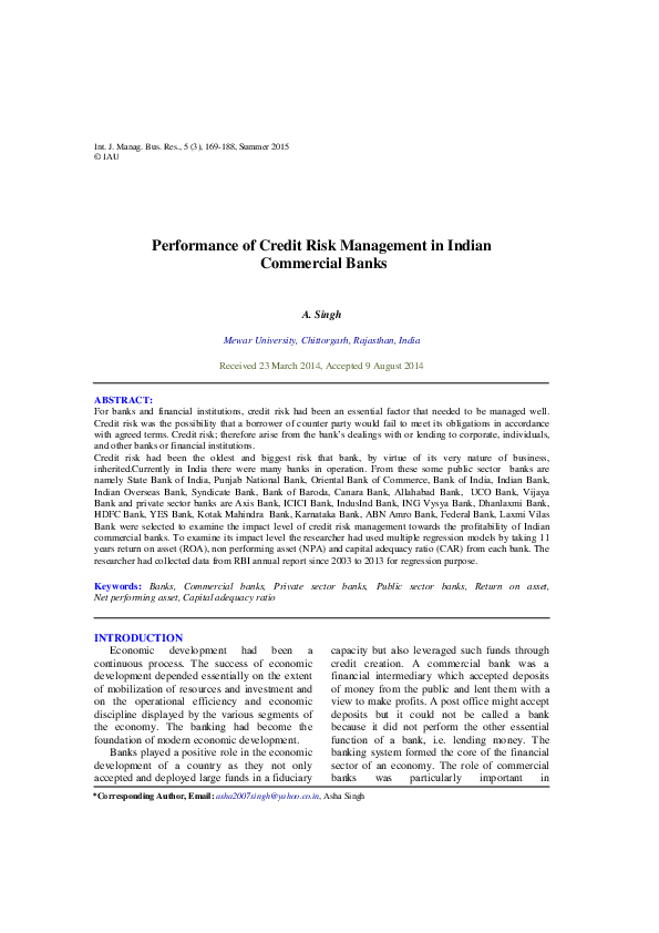 (PDF) Performance of Credit Risk Management in Indian Commercial Banks