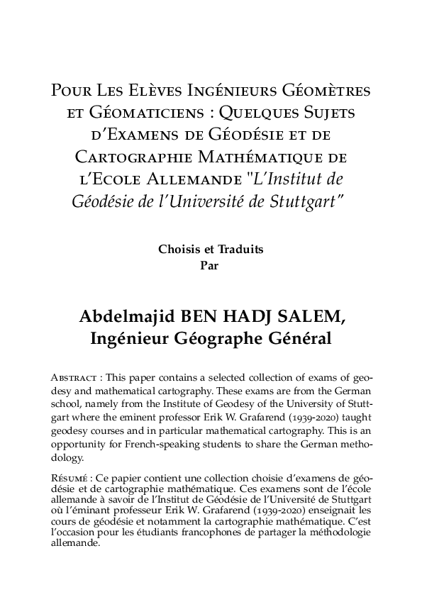 Pour Les Elèves Ingénieurs Géomètres et Géomaticiens : Quelques Sujets d'Examens de Géodésie et de Cartographie Mathématique