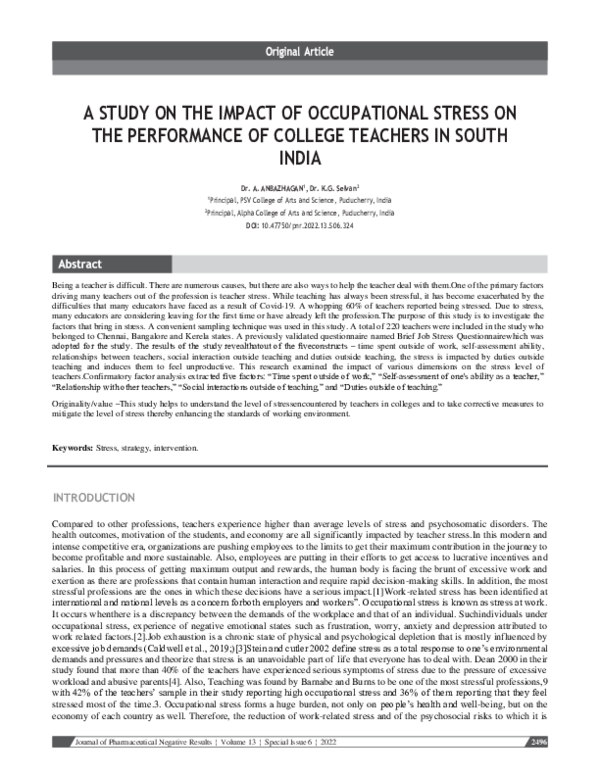(PDF) A STUDY ON THE IMPACT OF OCCUPATIONAL STRESS ON THE PERFORMANCE ...