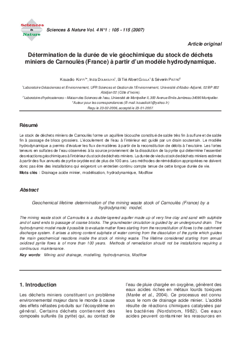 (PDF) Détermination de la durée de vie géochimique du stock de déchets miniers de Carnoulès